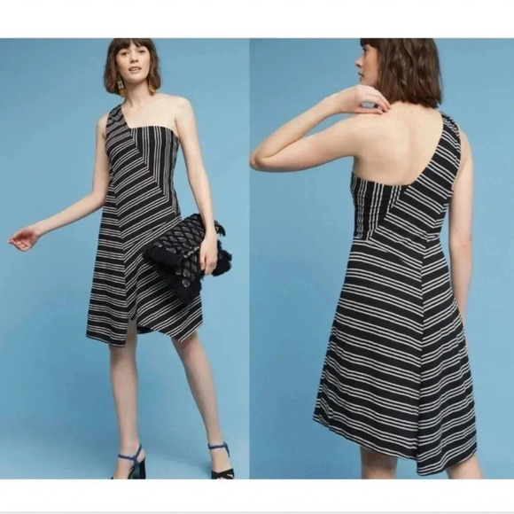 Maeve Anthropologie Moka One-Shoulder Stripe Dress Size Small - Picture 1 of 10